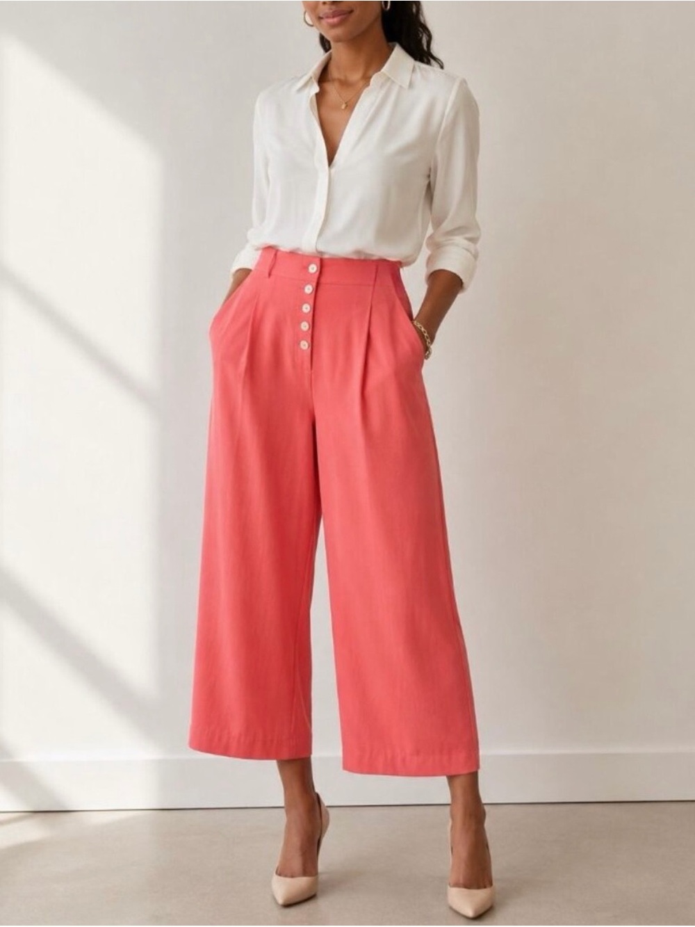 Alya Salmon Pink Button-Fly Cropped Wide Leg Pants
